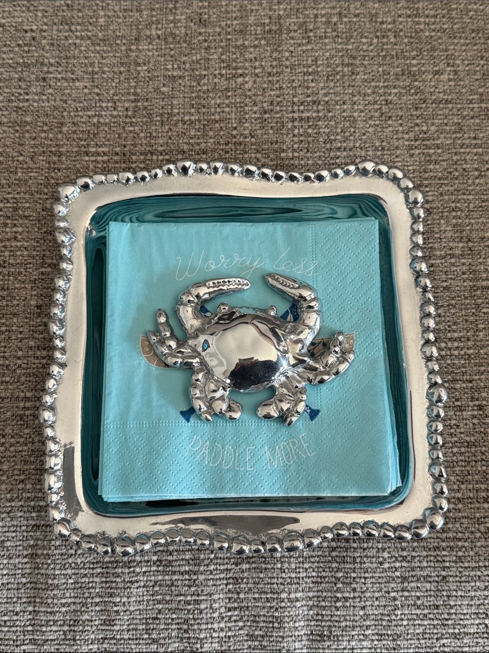 BRAND NEW 🦀BEATRIZ BALL🦀 Silver Beaded Cocktail Napkin Holder with CRAB weight.